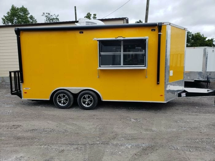 SLE Concessions 8.5' X 16' Penske Yellow Concession Food Trailer - Image 2