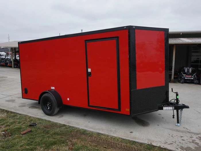 SLE Enclosed Trailers 7x14 Enclosed Trailer Red V-Nose Blackout Package 3,500lb Axle Storage