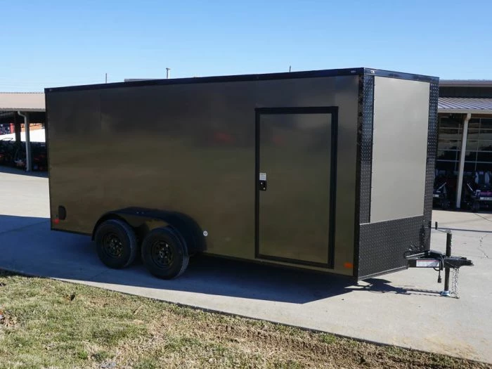 SLE Enclosed Trailers 7x16 Enclosed Trailer Charcoal V-Nose Blackout Package Tandem Axle Storage