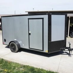 SLE Enclosed Trailers 7x12 Enclosed Trailer Silver V-Nose Blackout Package 3,500lb Axle Storage