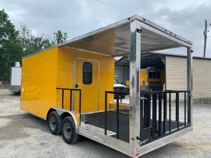 SLE Concessions 8.5' X 22' Penske Yellow BBQ Vending Concession Food Trailer - Image 5