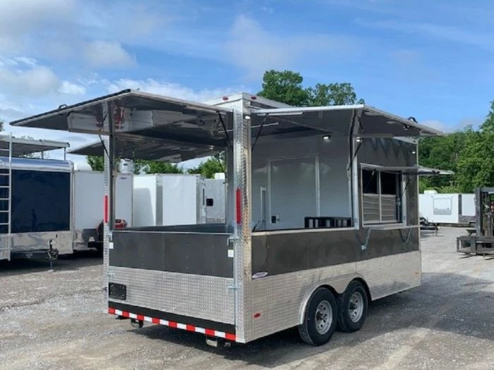 SLE Concessions 8.5x16 Med Charcoal Grey Porch Style Concession Food Trailer - Image 3