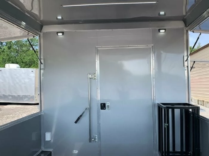SLE Concessions 8.5x16 Med Charcoal Grey Porch Style Concession Food Trailer - Image 5