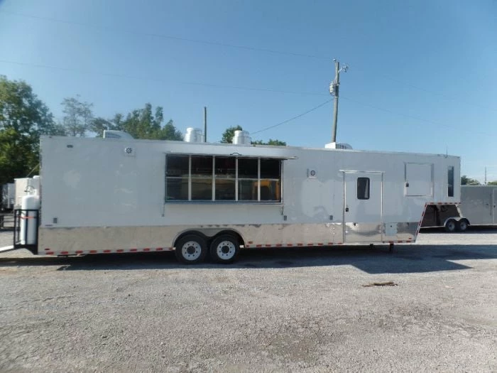 SLE Concessions 8.5' X 40' White Goose Neck Event Concession Food Trailer With Appliances